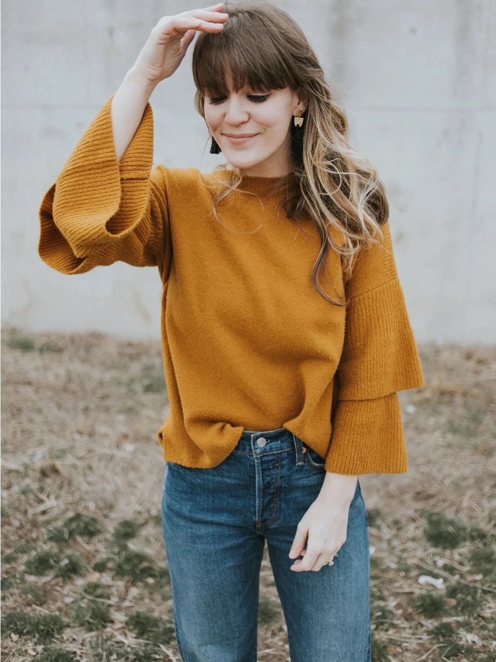 Madewell Ruffle Sleeve Wool Blend Sweater Large Mustard Bronze Bell Sleeve